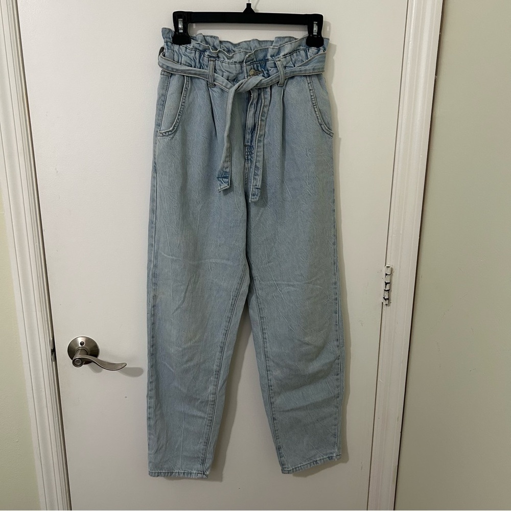 Zara | High Rise Paperbag Light Blue Denim Straight Leg Jeans | Size 2